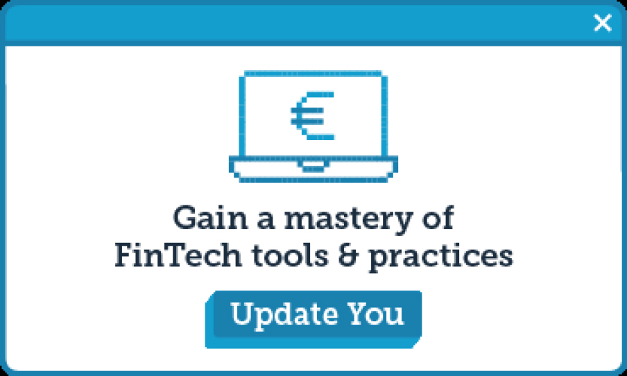 Browser window displaying message "Gain a mastery of FinTech tools and practices" and Update You button